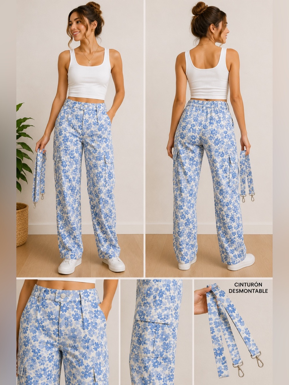 Forever 21 Floral Cargo Pants Blue & White High Rise Straight Leg XS